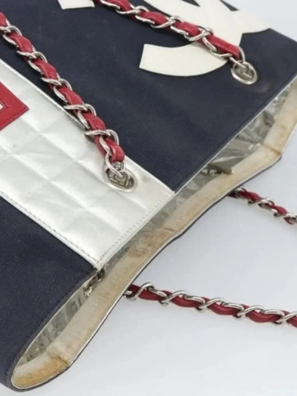 CHANEL Choco Bar Chain Tote Bag No5 Canvas Navy Silver CC Auth 188914